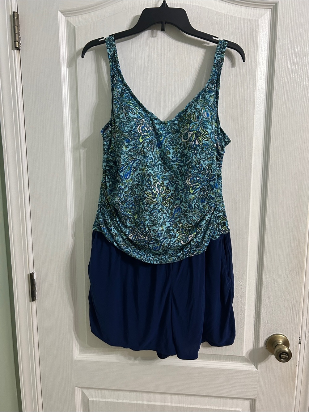 Women's Blue Paisley V-Neck One-Piece Swim-Shorts